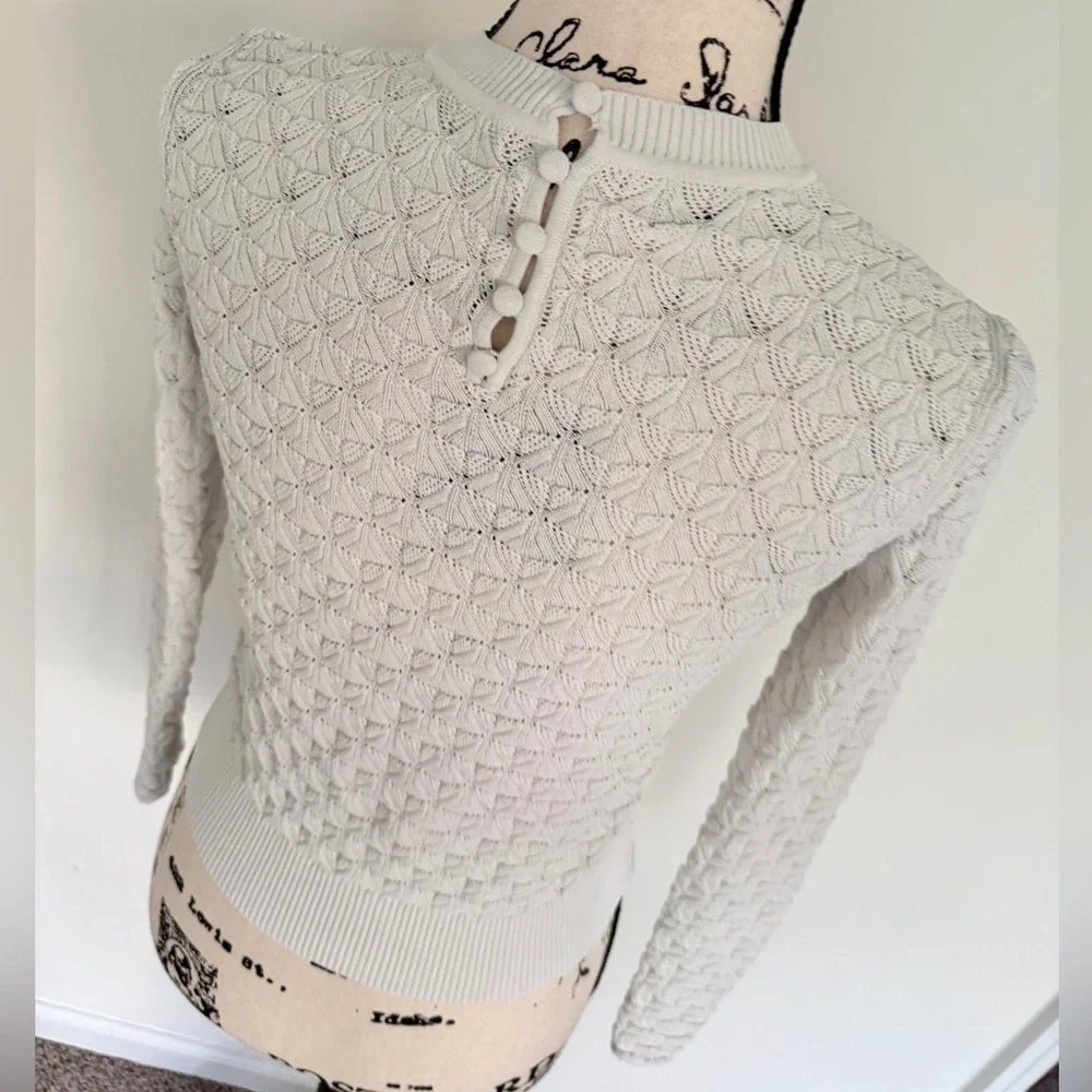 Club Monaco Sweater Pointelle Knit Sz S Ivory Ribbed Collar/Hem Quiet Luxurycore